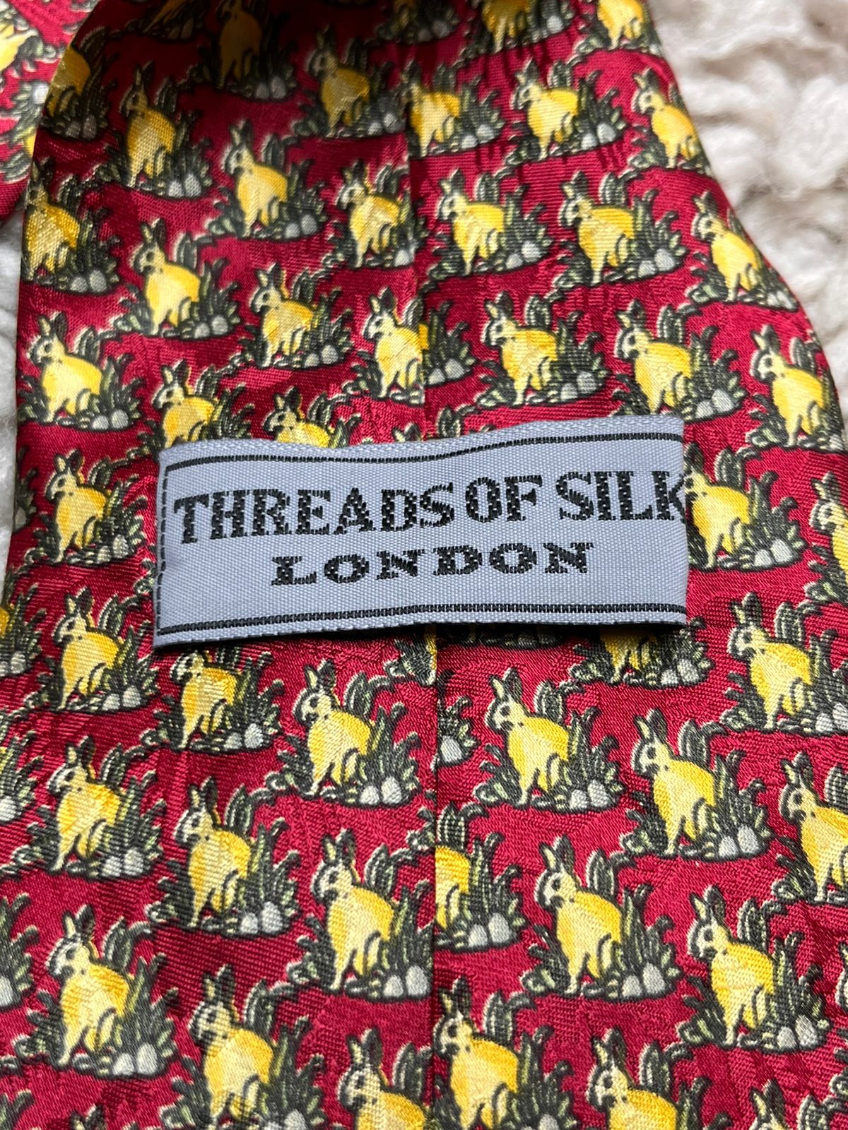 Threads of Silk London Red Bunny Rabbit Animal Print Hand Sewn TIE