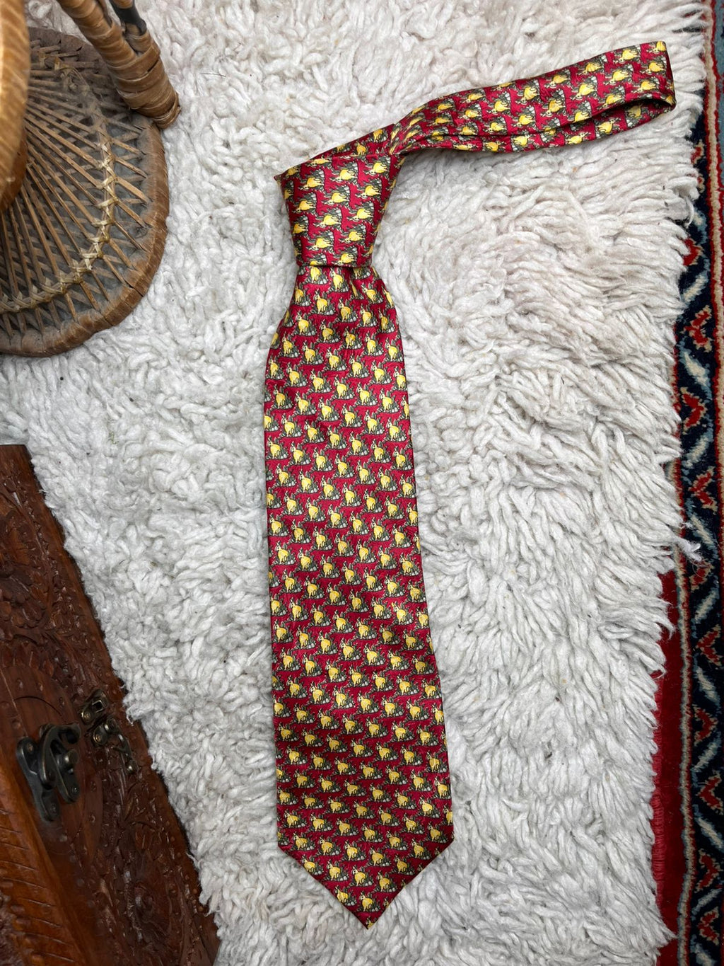 Threads of Silk London Red Bunny Rabbit Animal Print Hand Sewn TIE