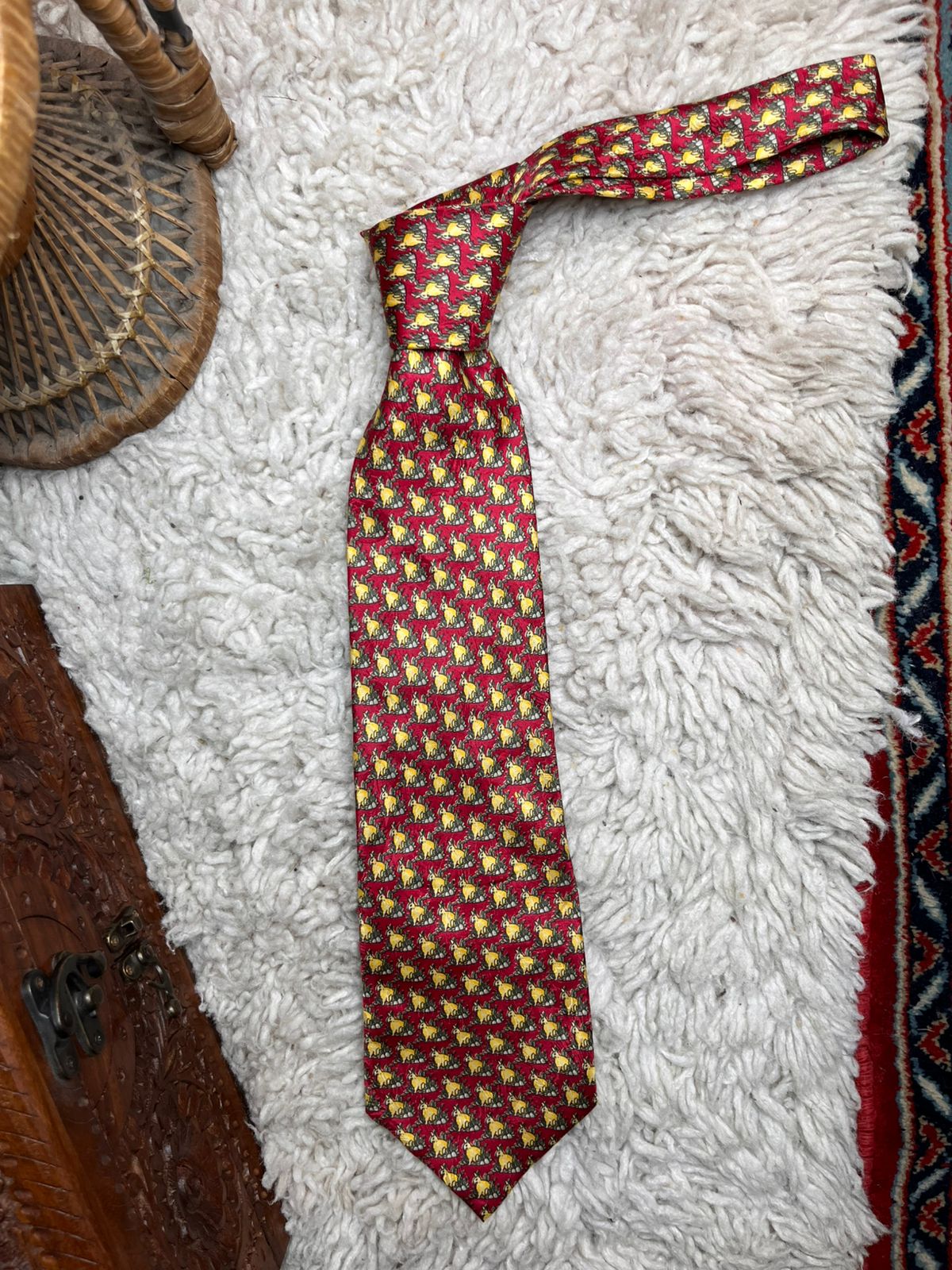 Threads of Silk London Red Bunny Rabbit Animal Print Hand Sewn TIE