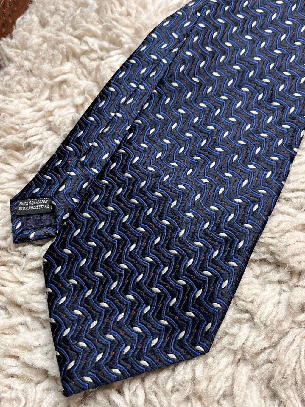 Navy Blue Silver Geometric Zig Zag Wavy Abstract Pattern TIE
