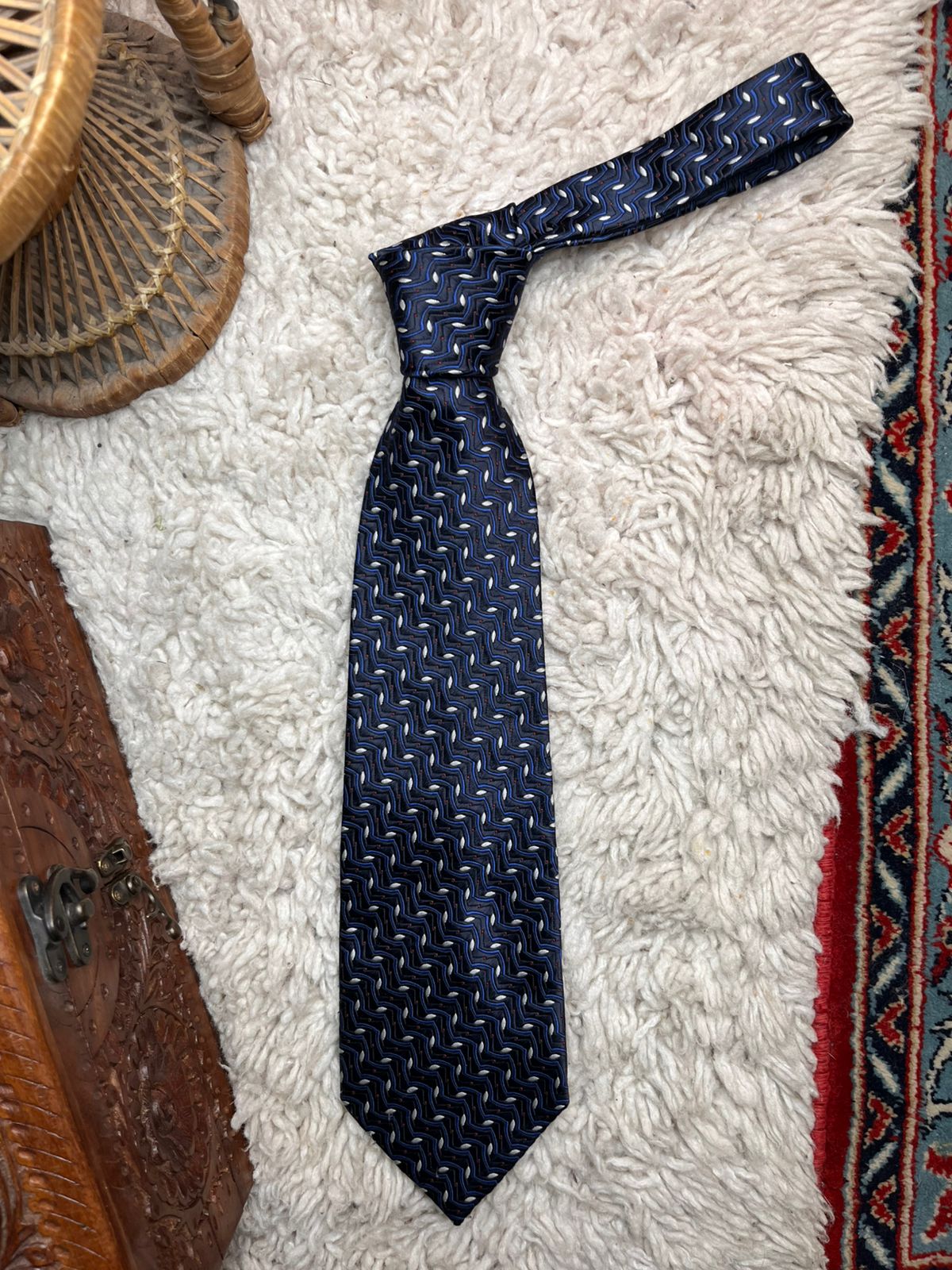 Navy Blue Silver Geometric Zig Zag Wavy Abstract Pattern TIE