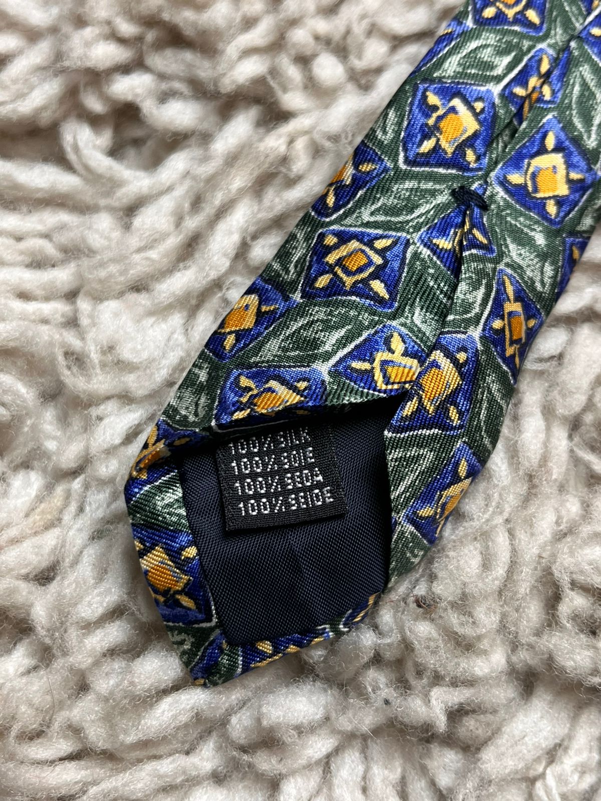 Vintage Pure Silk Green Blue Gold Geometric Medallion TIE