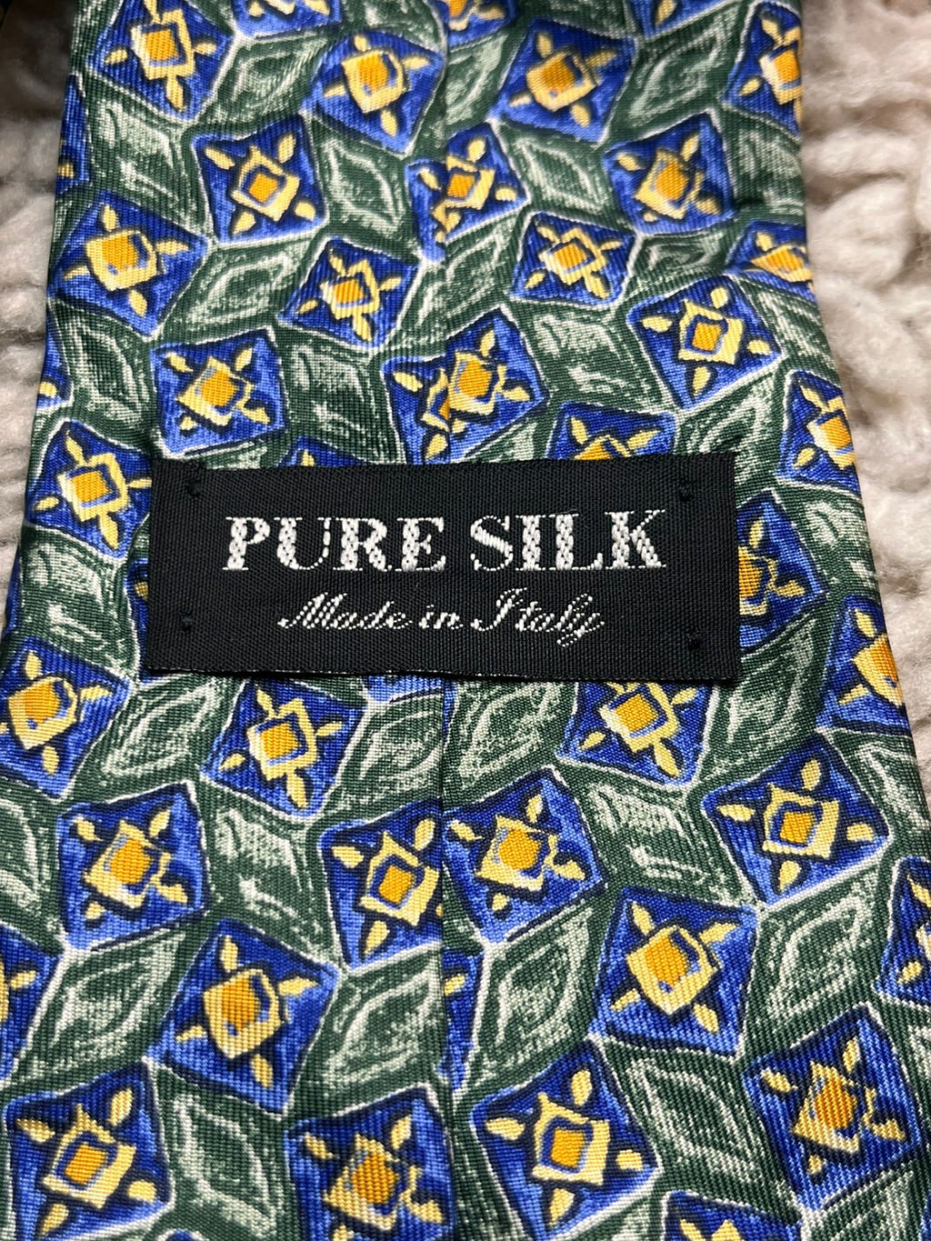 Vintage Pure Silk Green Blue Gold Geometric Medallion TIE