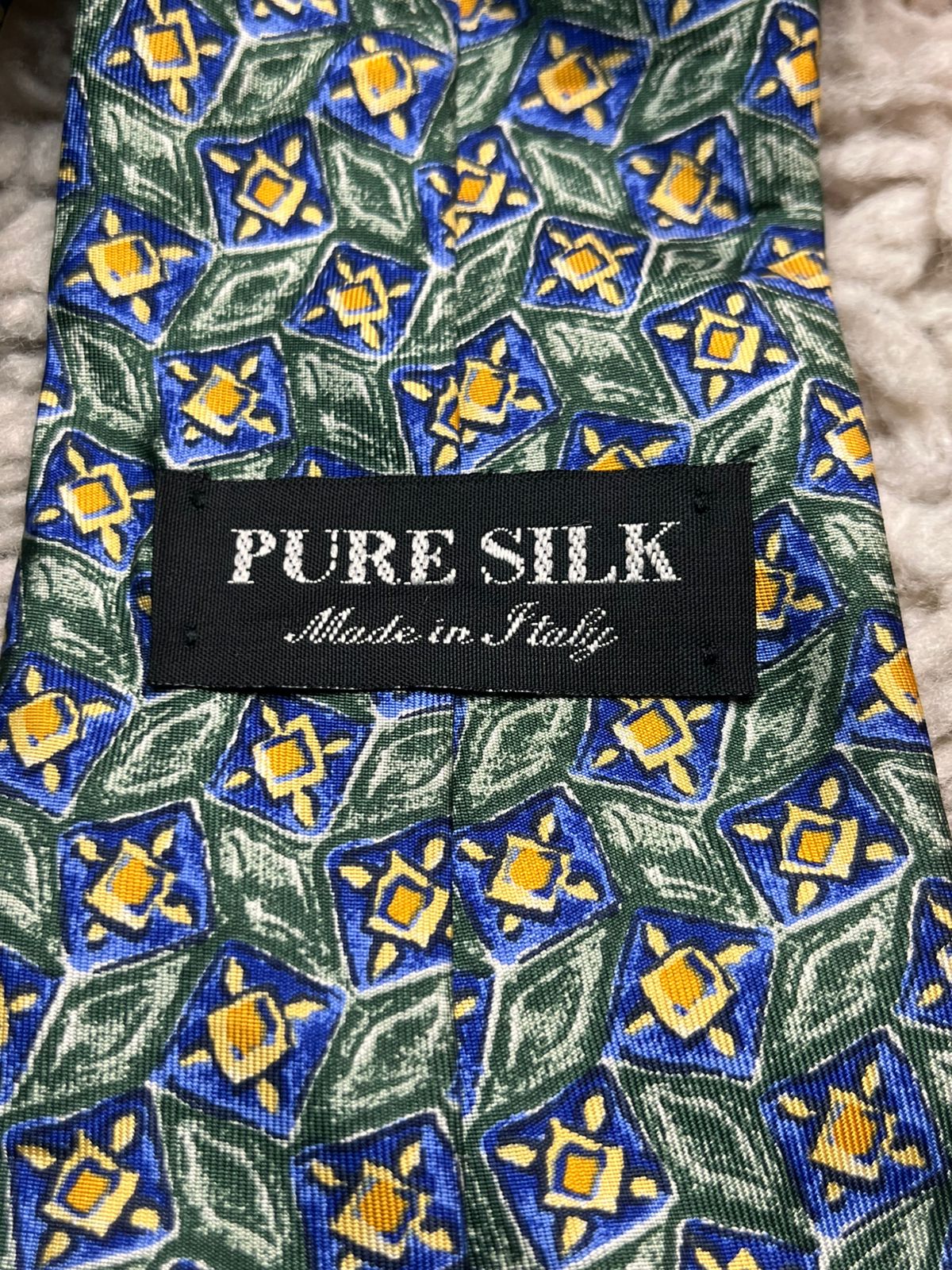 Vintage Pure Silk Green Blue Gold Geometric Medallion TIE