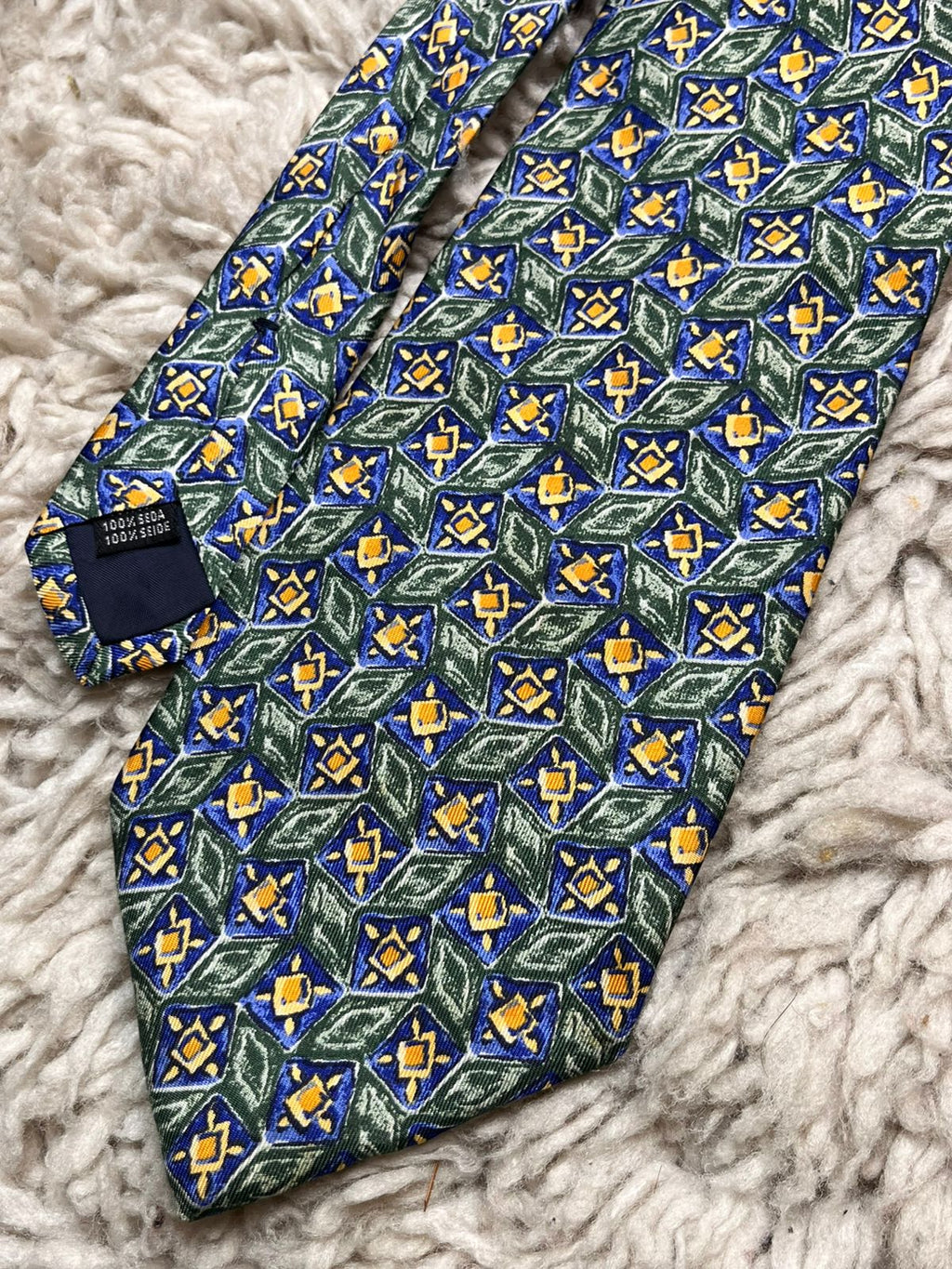 Vintage Pure Silk Green Blue Gold Geometric Medallion TIE