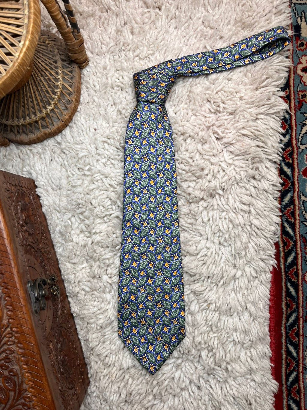 Vintage Pure Silk Green Blue Gold Geometric Medallion TIE