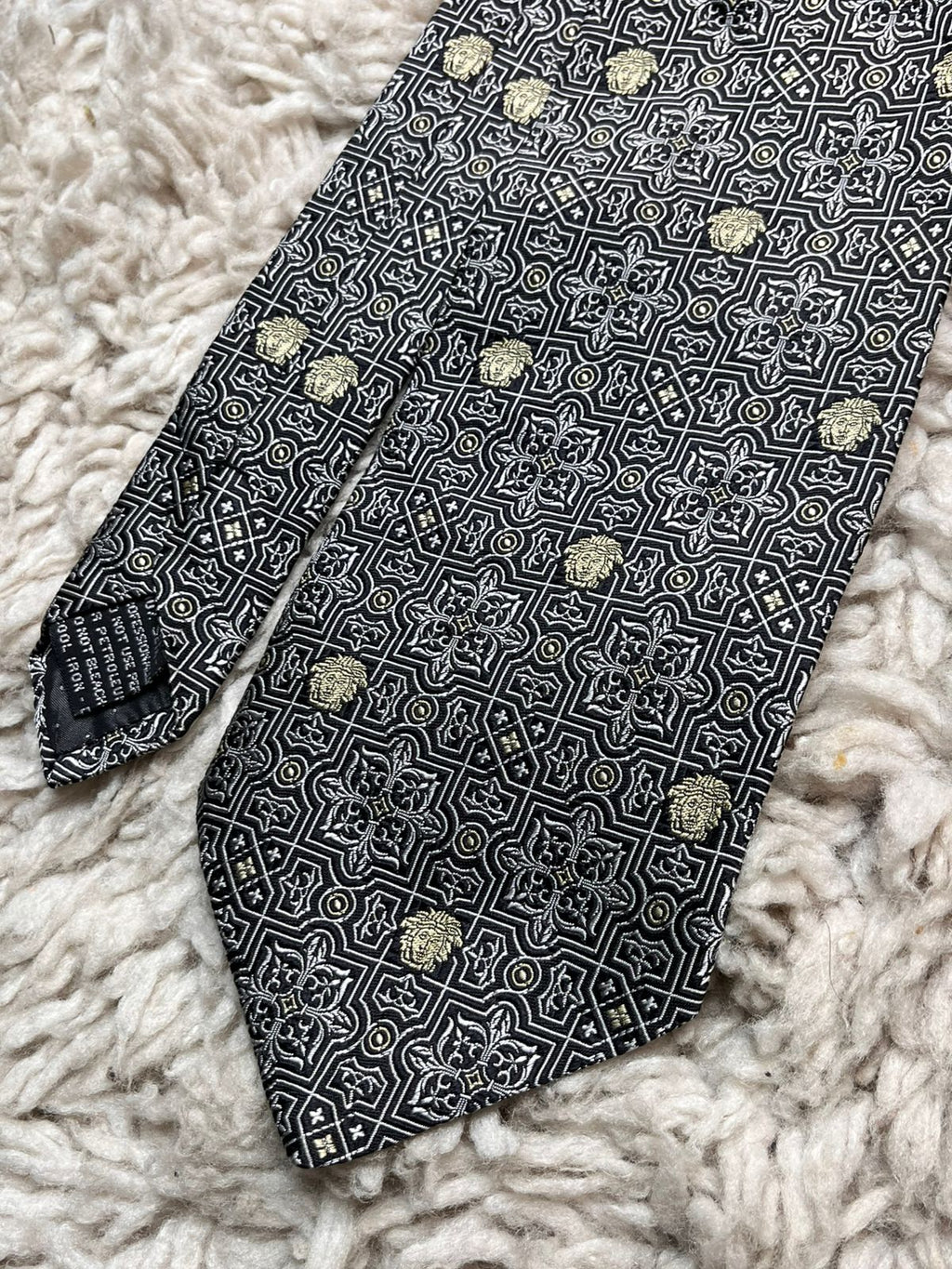 Gianni Versace Black Silver Medusa Head Silk TIE