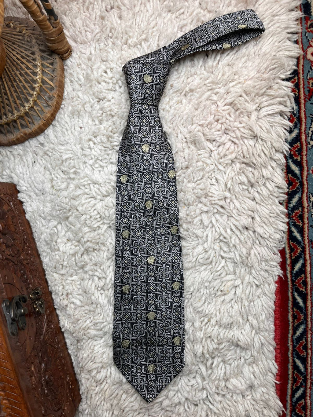 Gianni Versace Black Silver Medusa Head Silk TIE