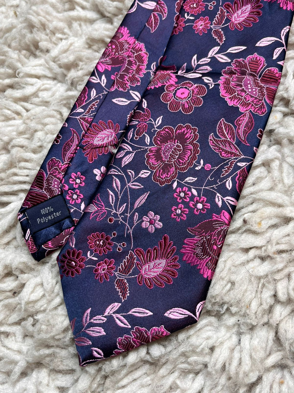 L.A. Smith Navy Blue Pink Floral Rose Pattern Tie