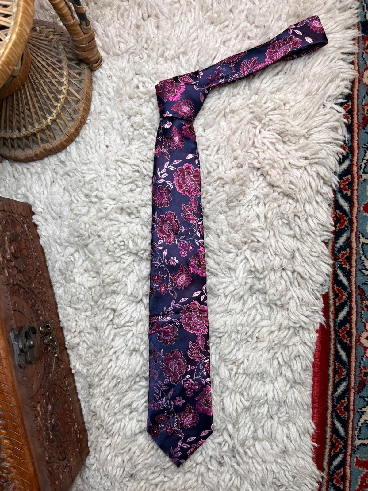 L.A. Smith Navy Blue Pink Floral Rose Pattern Tie