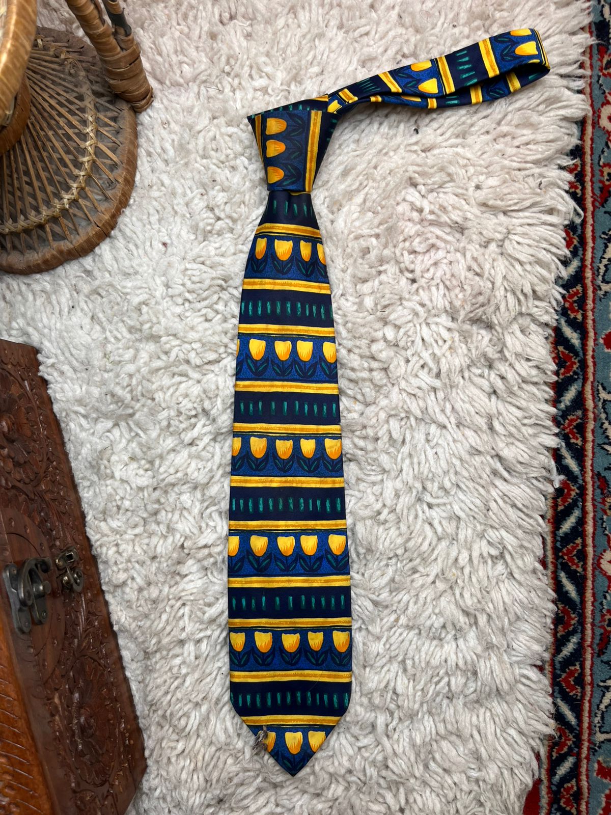 Burton Vintage Navy Yellow Tulip Floral Stripe Pattern TIE