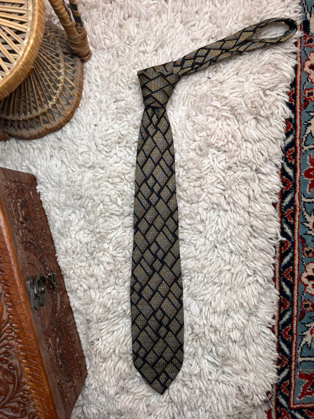 Cerruti 1881 Black Gold Silver Geometric Silk TIE