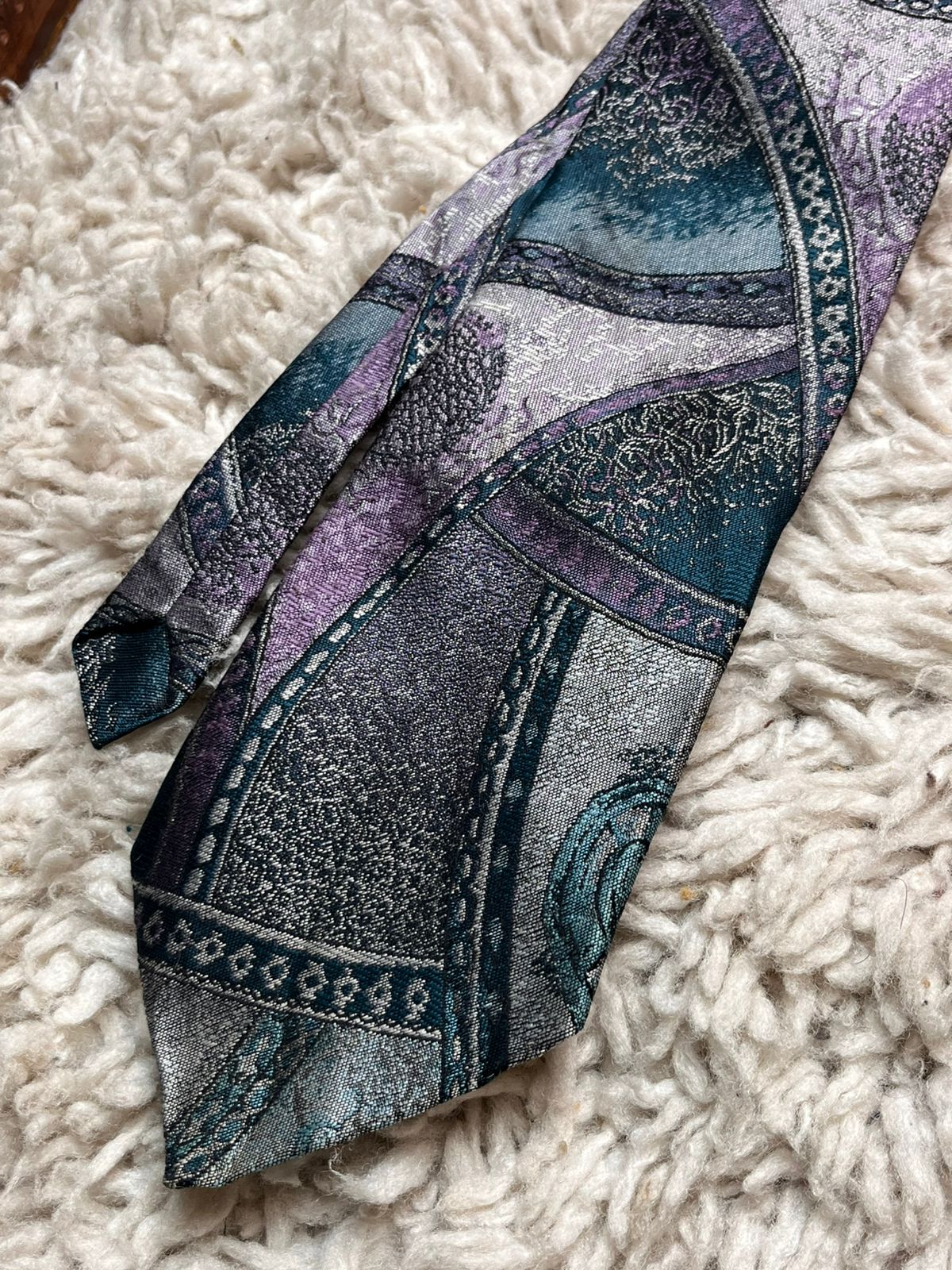 RAEL BROOK Vintage Teal Purple Silver Geometric Abstract TIE