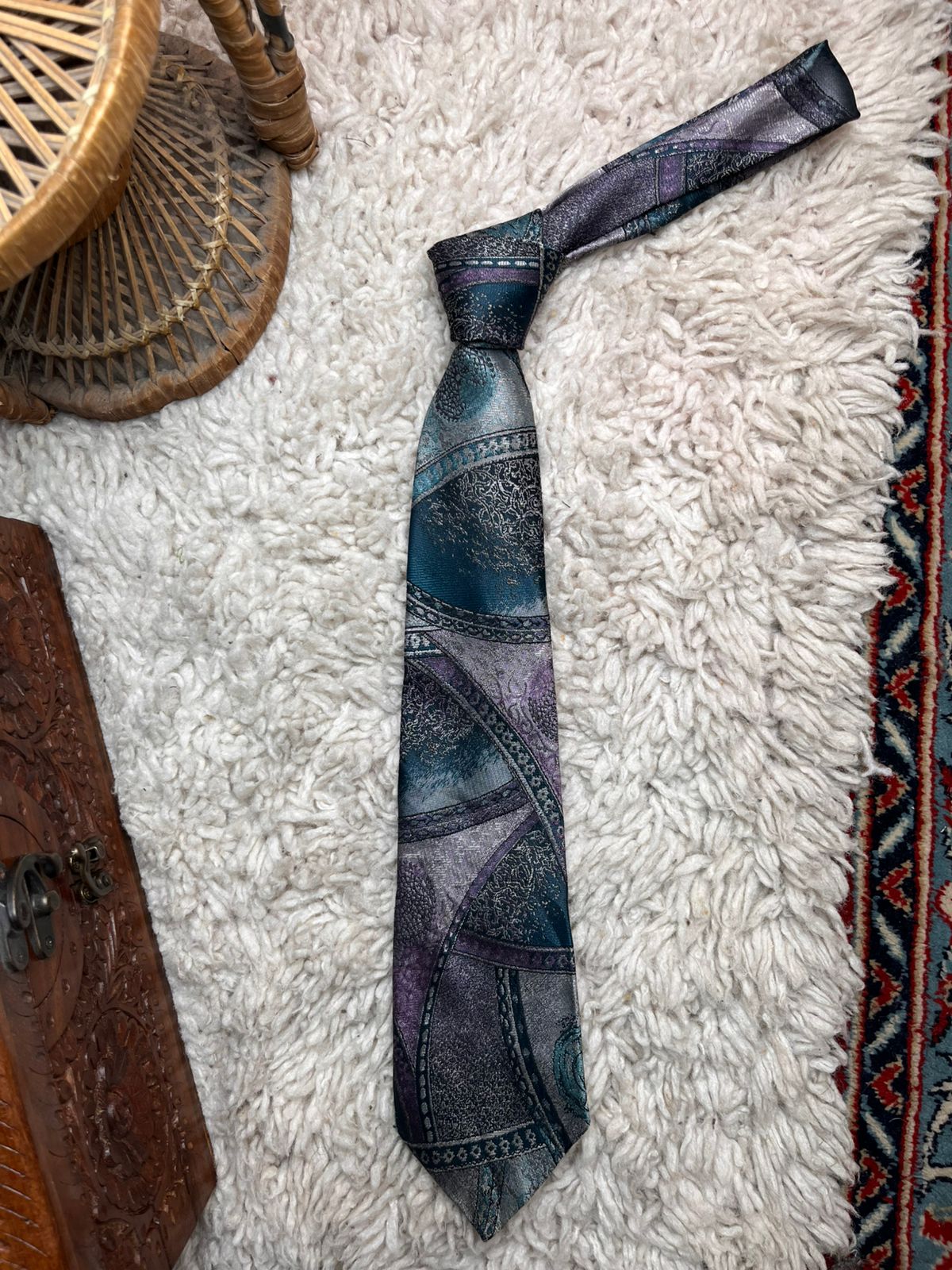 RAEL BROOK Vintage Teal Purple Silver Geometric Abstract TIE