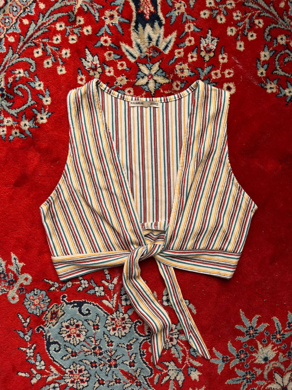 PULL&BEAR Striped Front Tie Crop Top