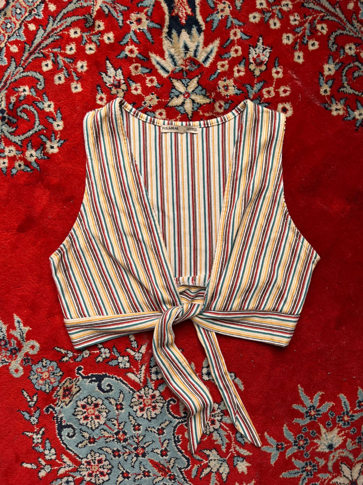 PULL&BEAR Striped Front Tie Crop Top
