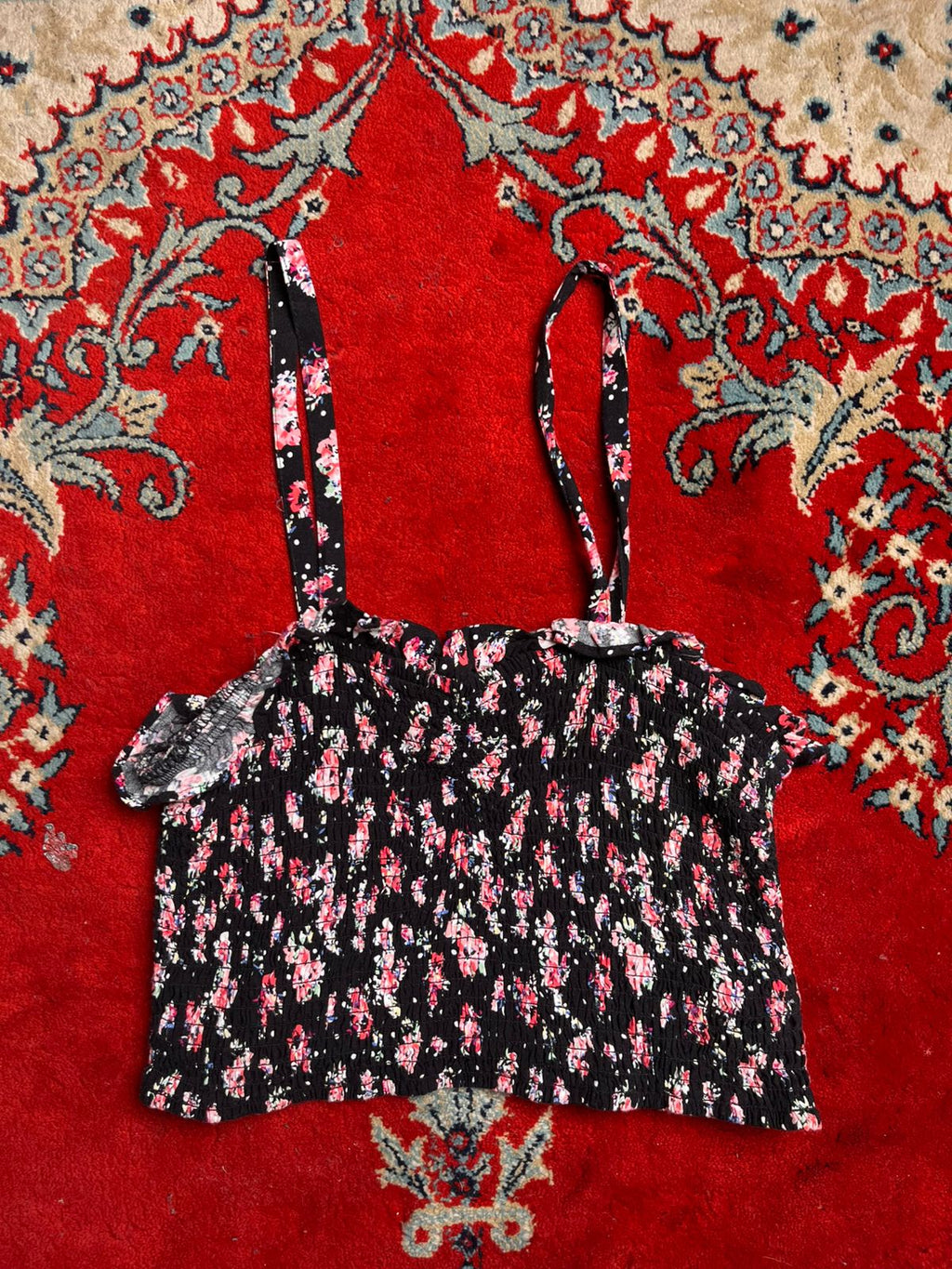 Forever 21 Black Floral Smocked Crop Top