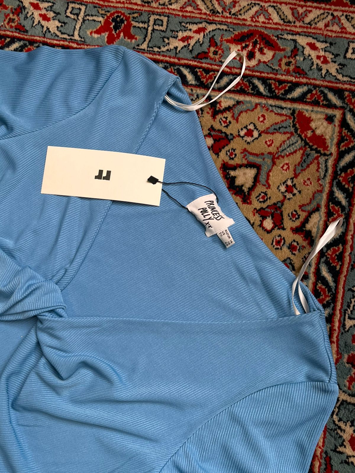 PRINCESS POLLY Sky Blue Ribbed Twist Front Tie Crop Top