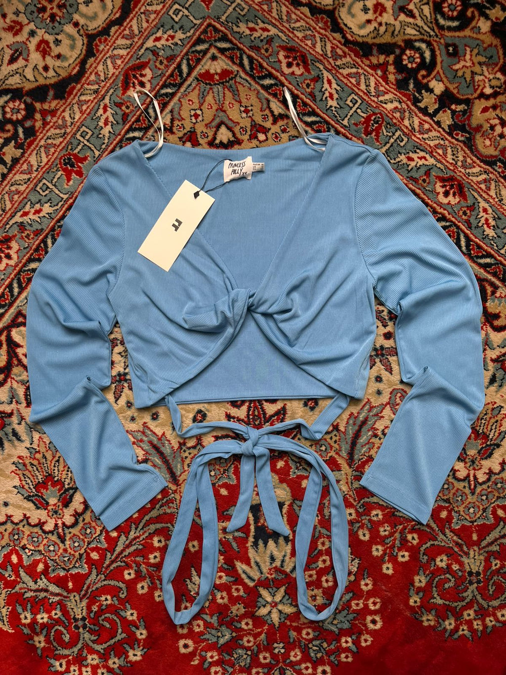 PRINCESS POLLY Sky Blue Ribbed Twist Front Tie Crop Top