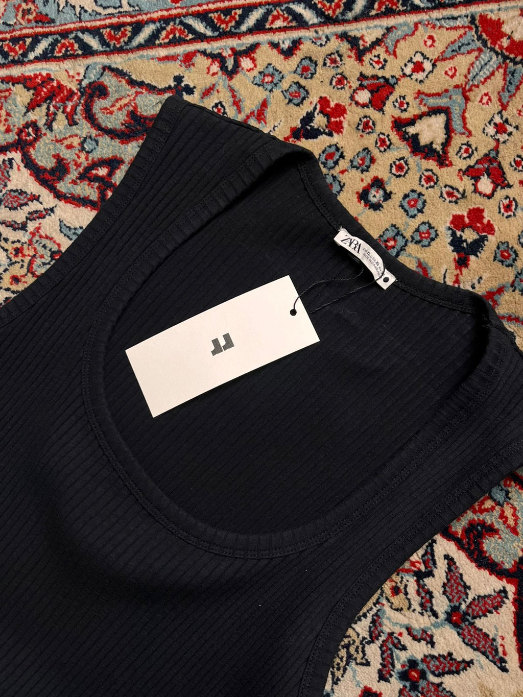 ZARA Ribbed Scoop Neck Solid Black Tank Top