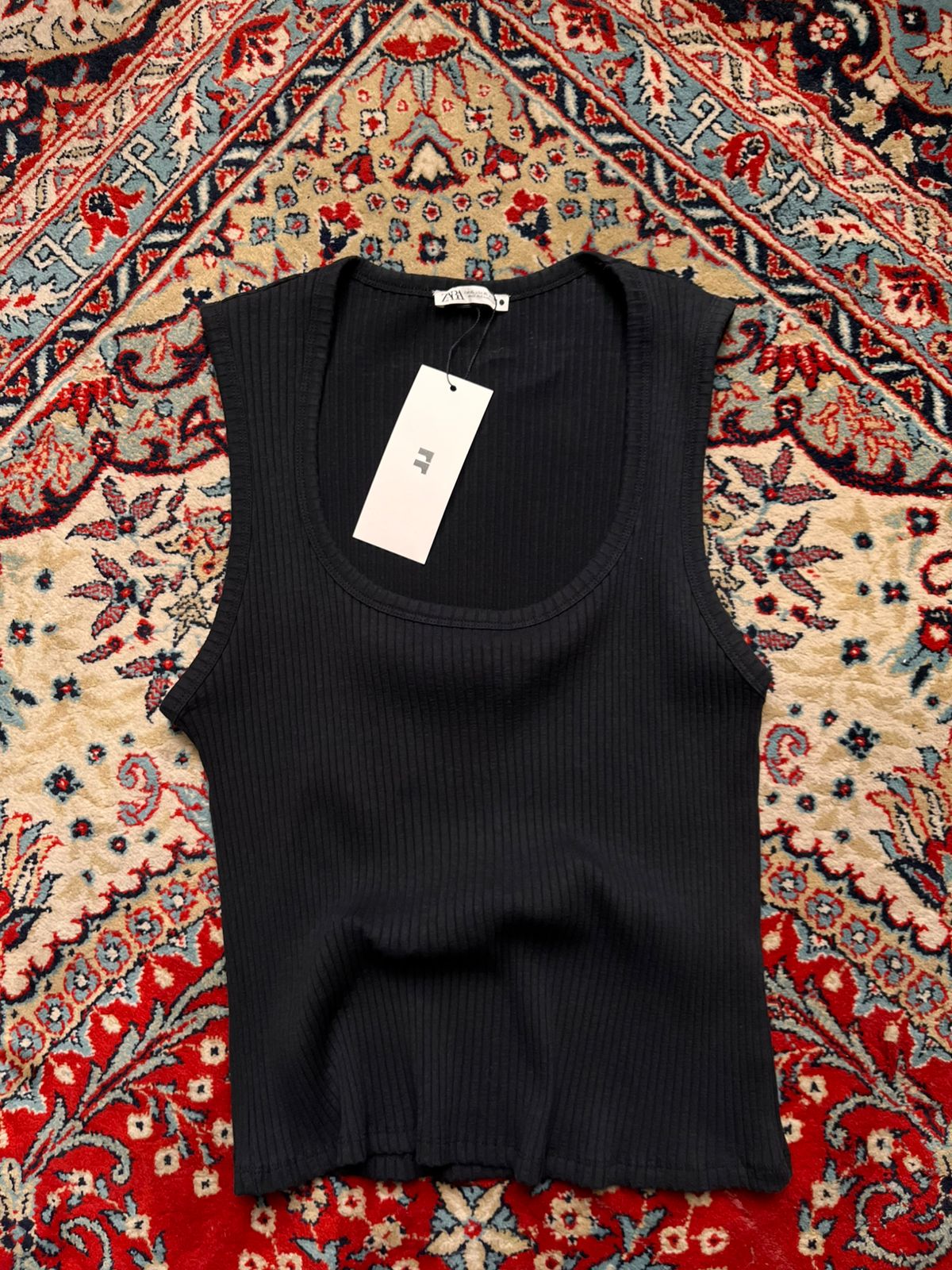 ZARA Ribbed Scoop Neck Solid Black Tank Top