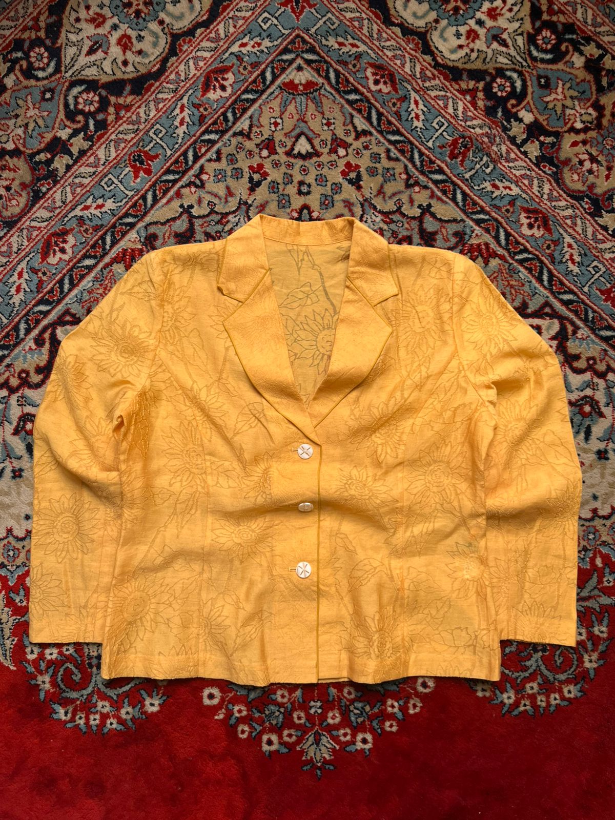 LIB COLLECTION Yellow Sunflower Embroidered Linen Blend Blazer