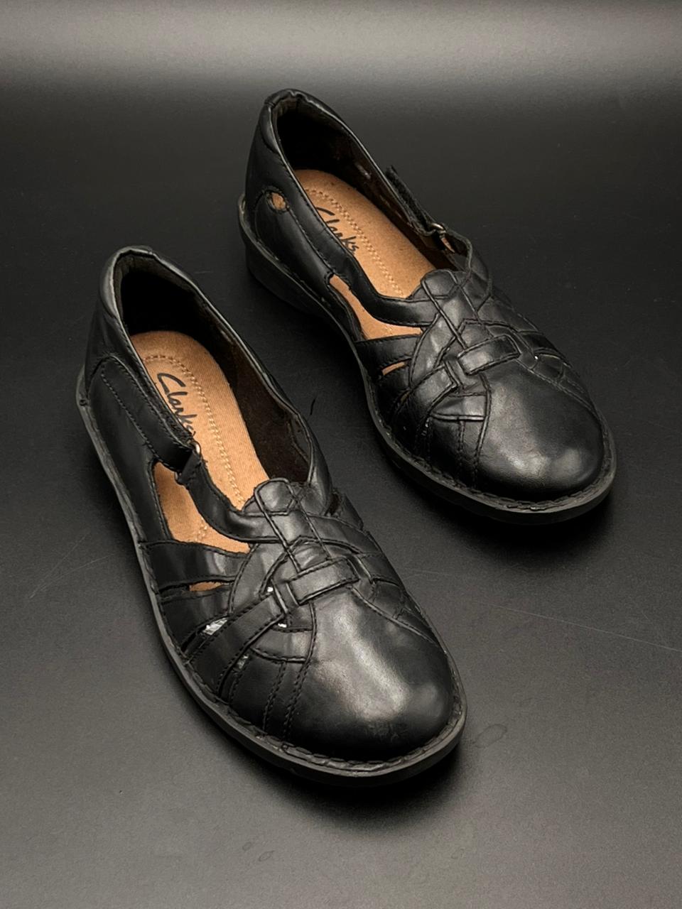 Clarks Black Leather Strappy Comfort Flats