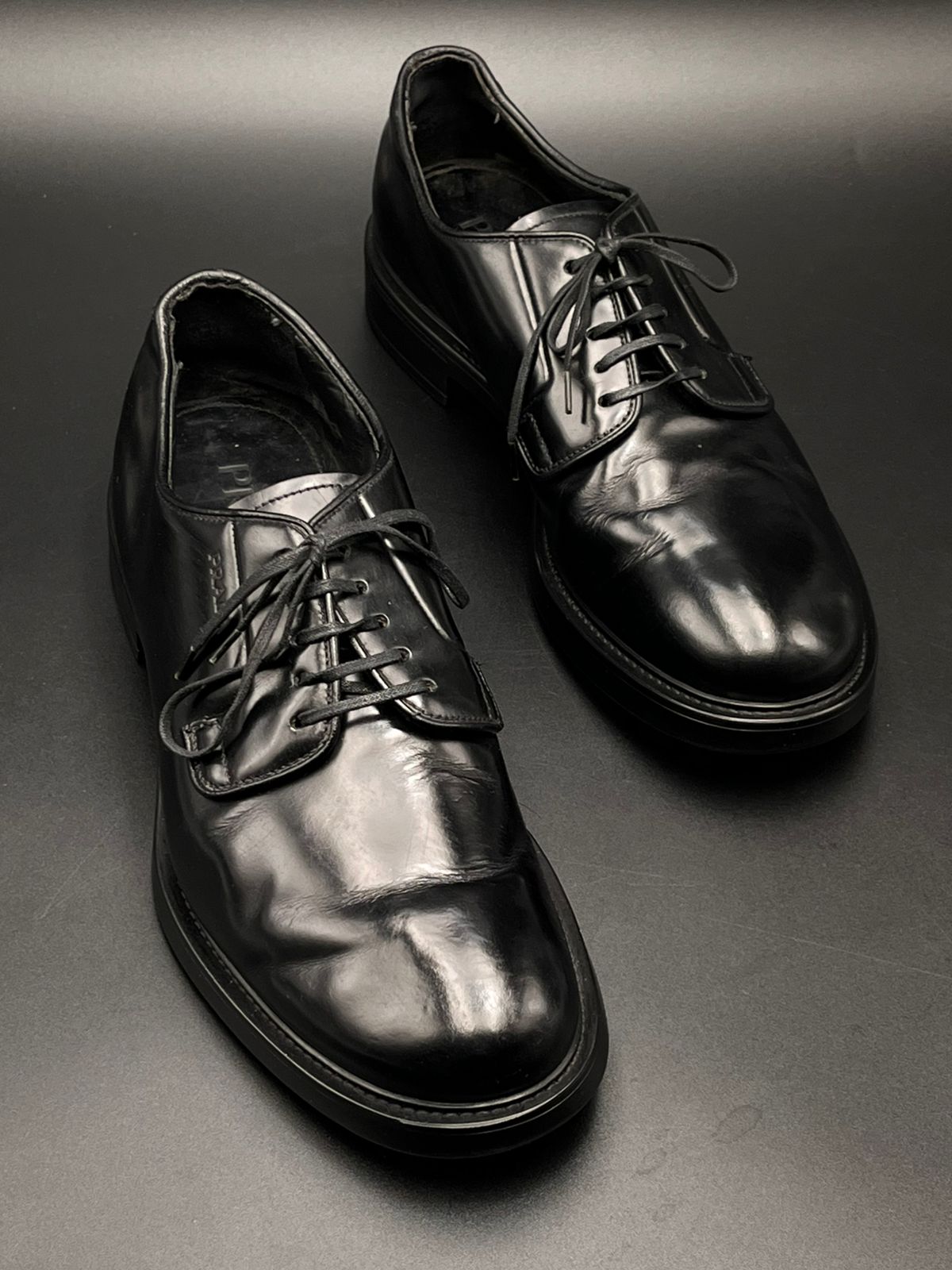 PRADA Milano England Made Black Leather Derby Shoes