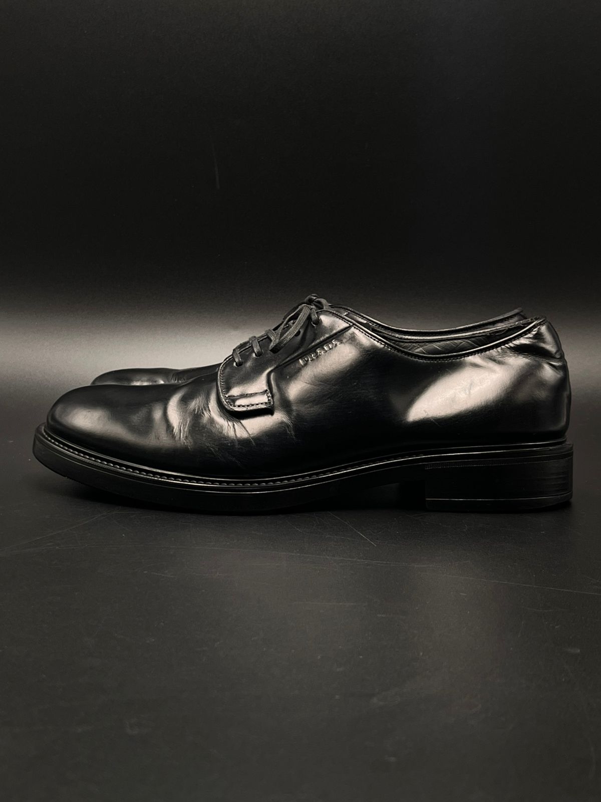 PRADA Milano England Made Black Leather Derby Shoes