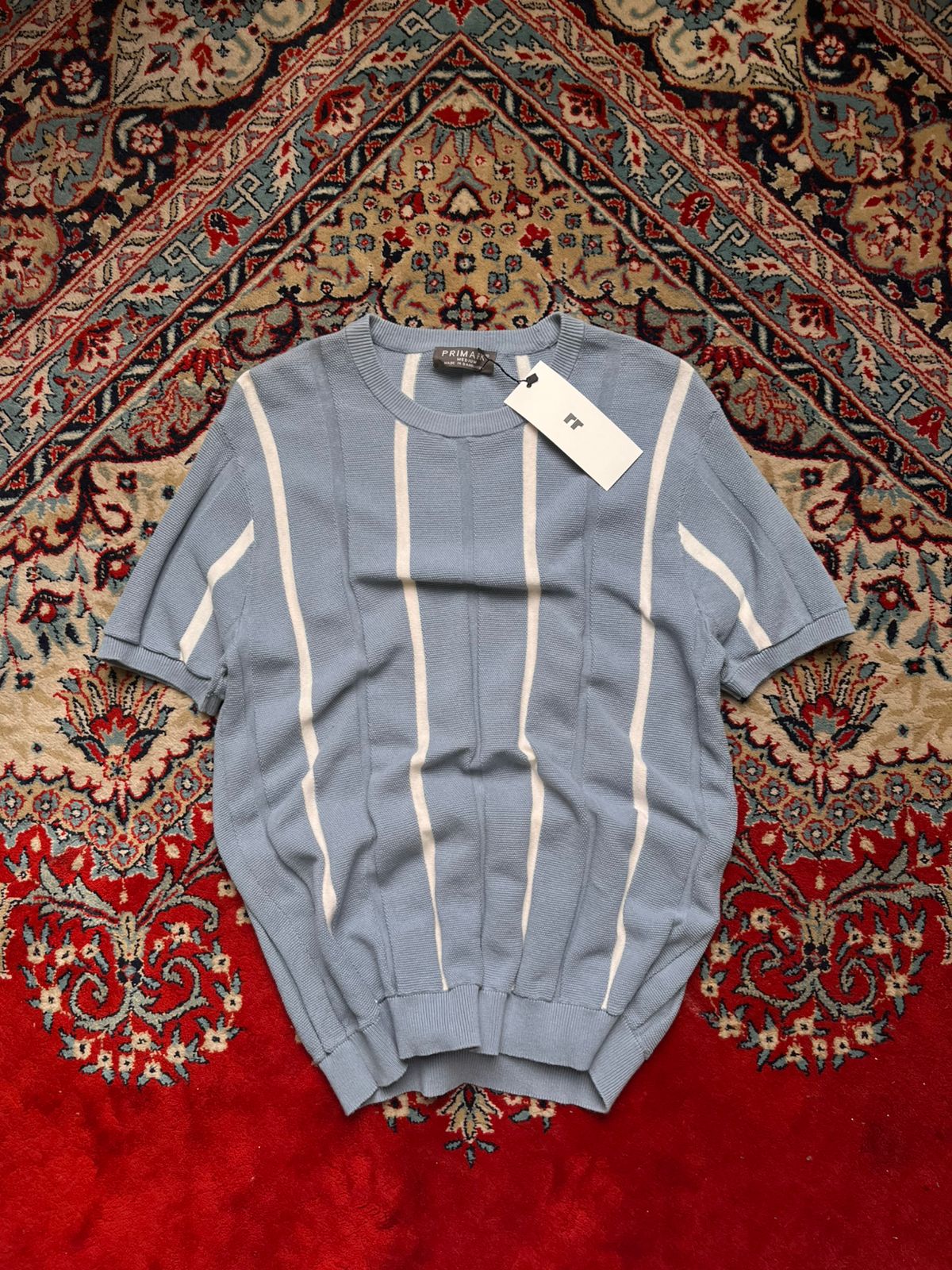 Primark Light Blue White Vertical Stripe Knit Texture TEE