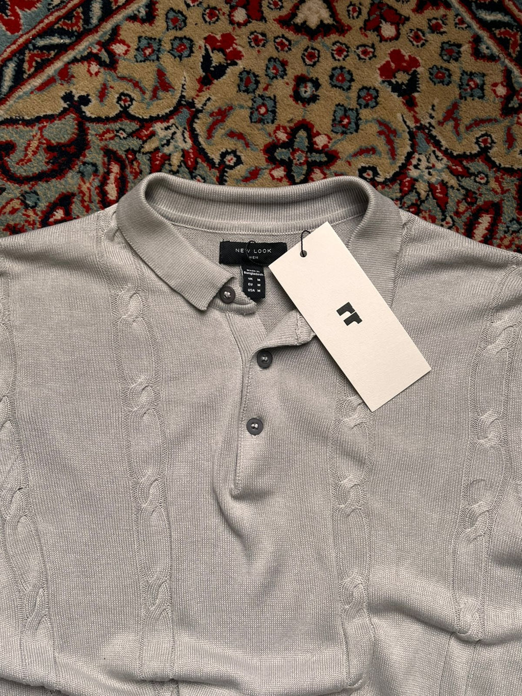New Look Gray Cable Knit Polo Tee