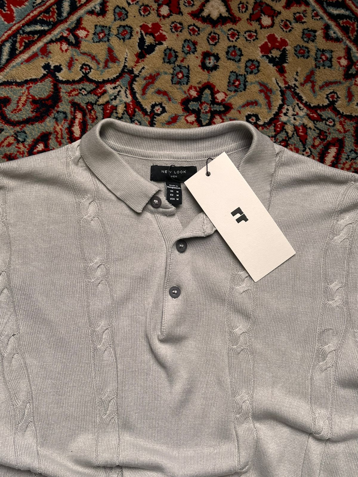 New Look Gray Cable Knit Polo Tee
