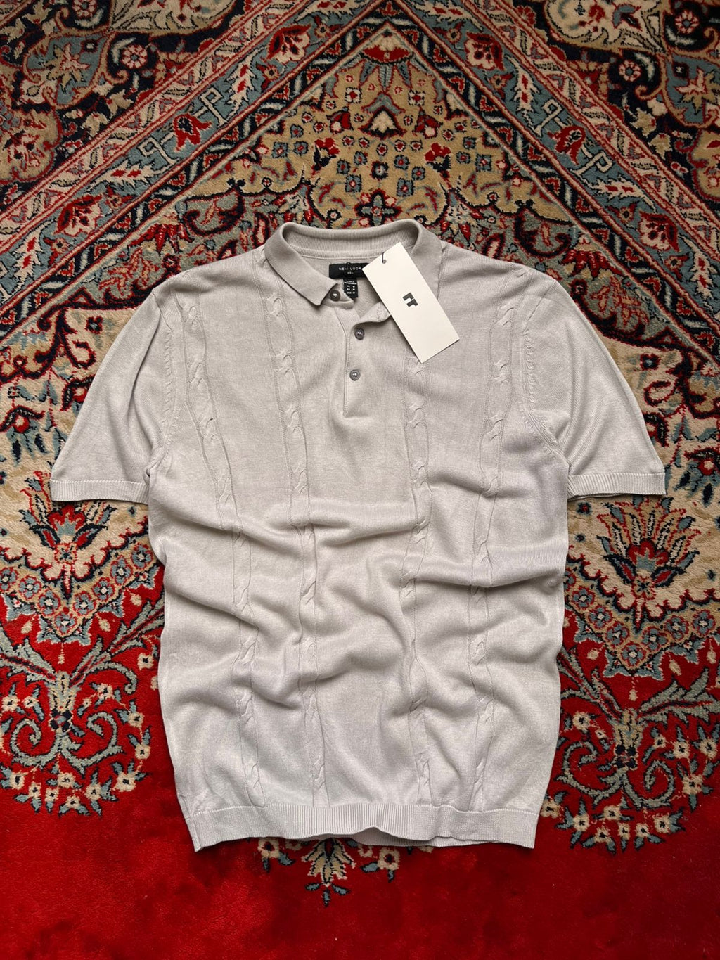 New Look Gray Cable Knit Polo Tee