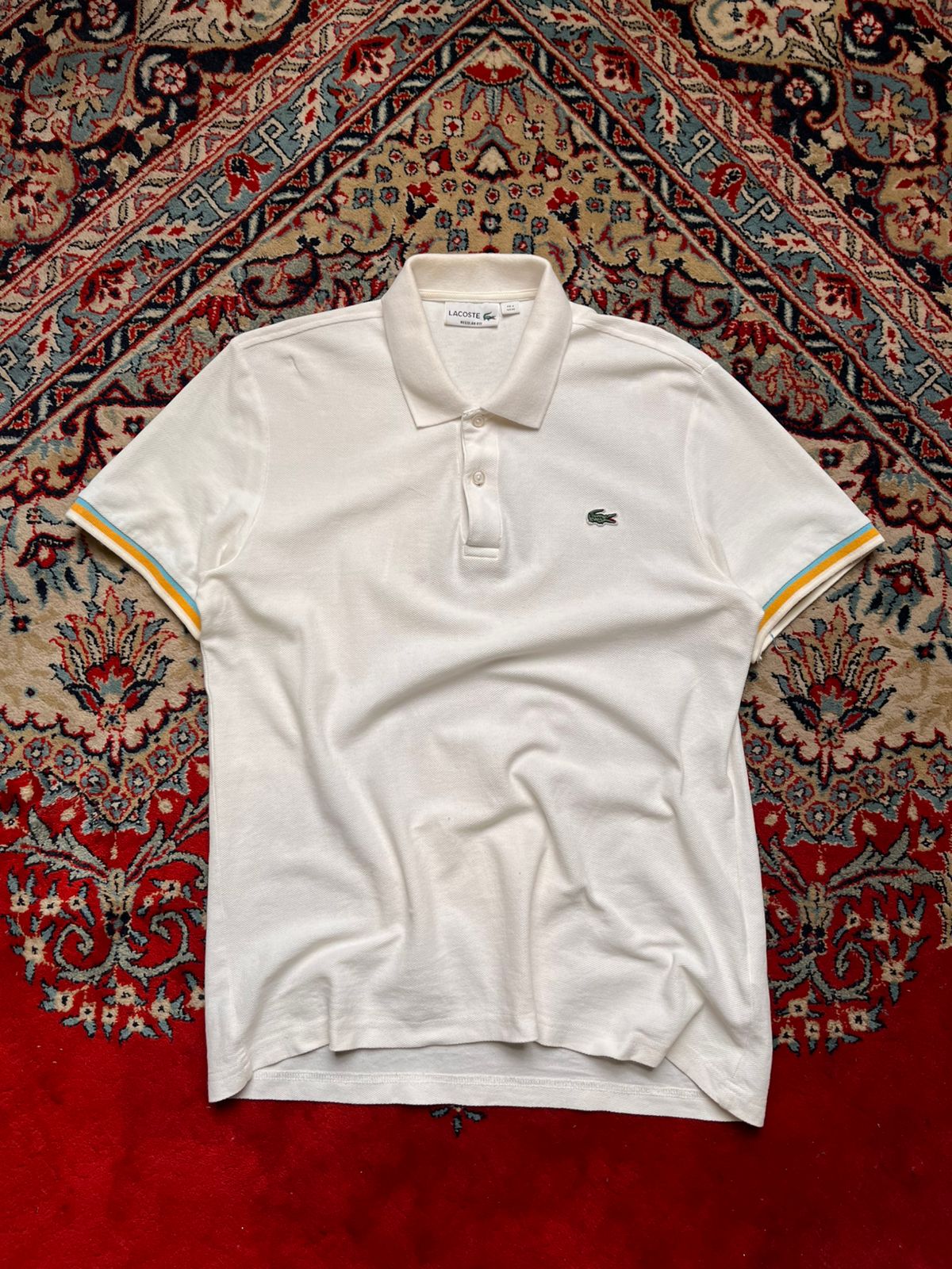 Lacoste Regular Fit White Polo with Striped Cuffs TEE