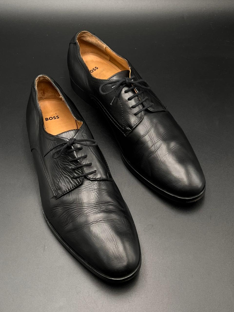 HUGO BOSS Black Leather Derby Shoes Plain Toe Made in Italy