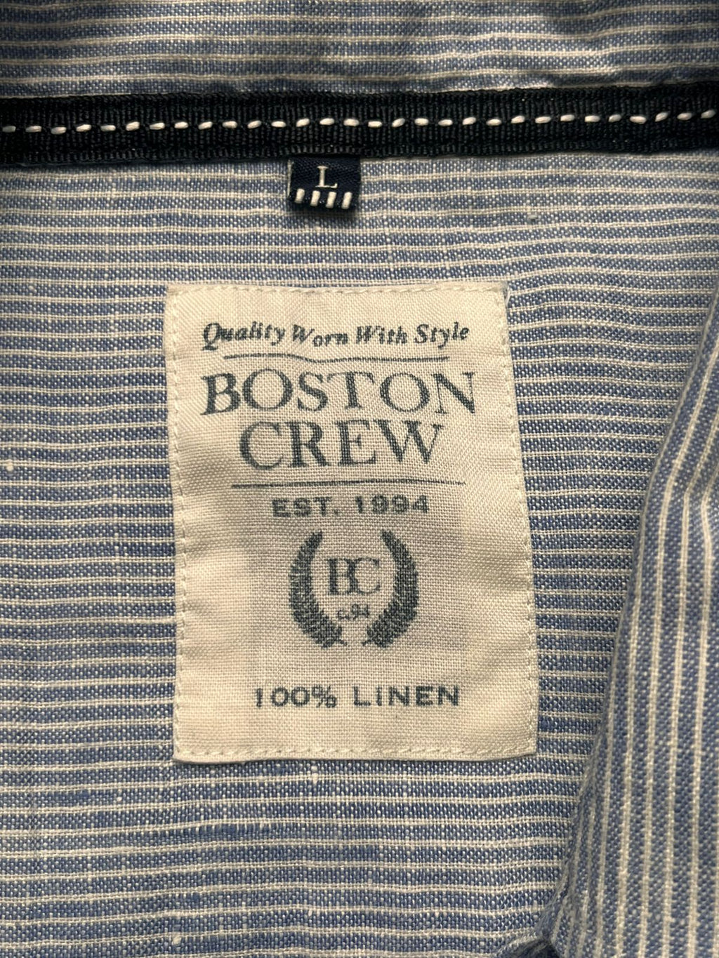 BOSTON CREW Blue White Striped  Linen BUTTON DOWN SHIRT