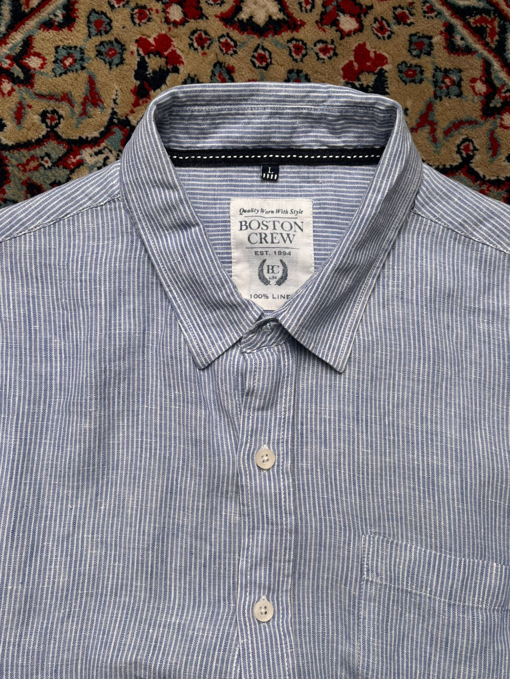 BOSTON CREW Blue White Striped  Linen BUTTON DOWN SHIRT