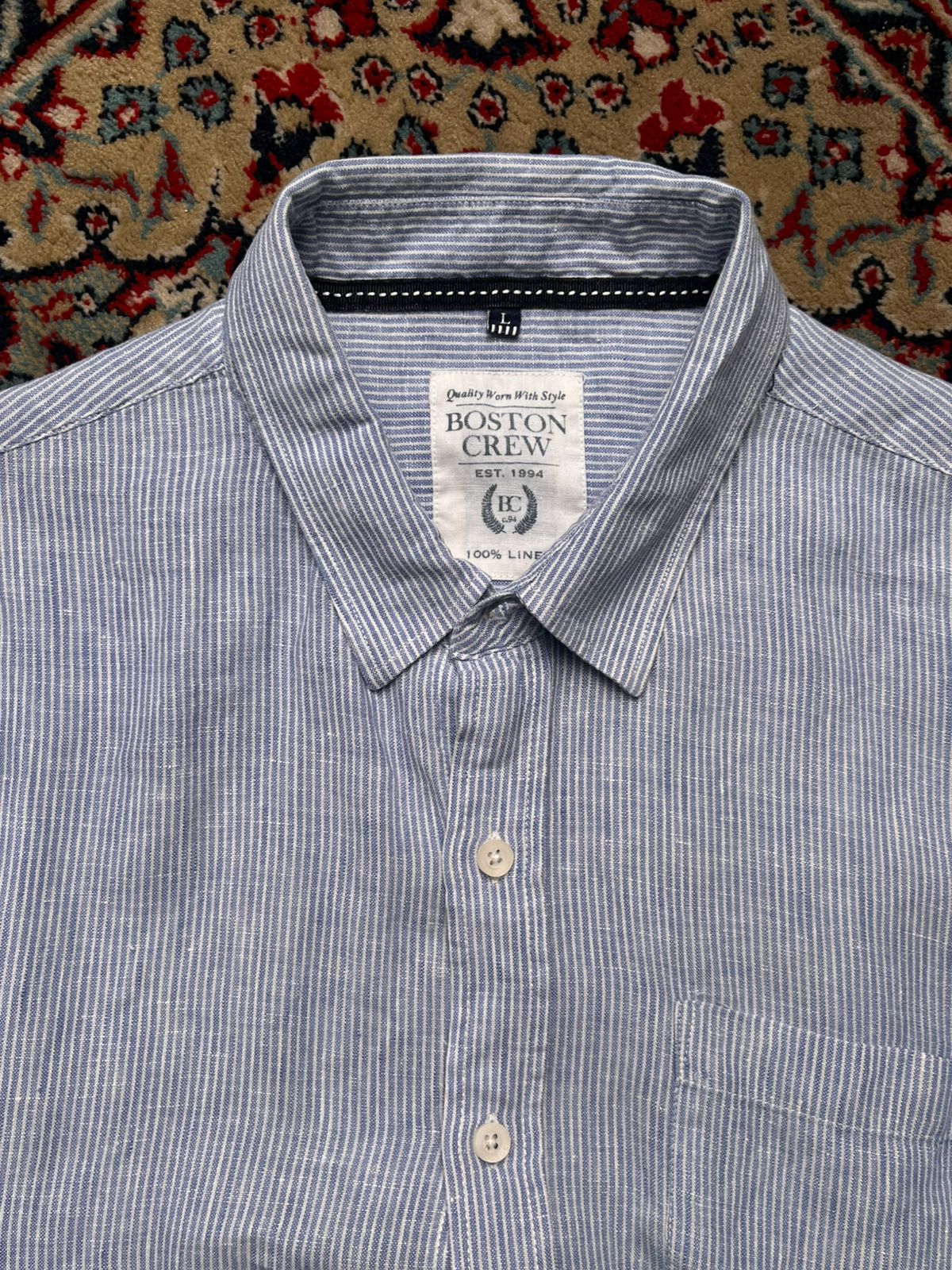 BOSTON CREW Blue White Striped  Linen BUTTON DOWN SHIRT