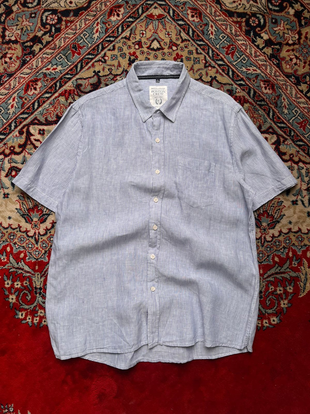BOSTON CREW Blue White Striped  Linen BUTTON DOWN SHIRT