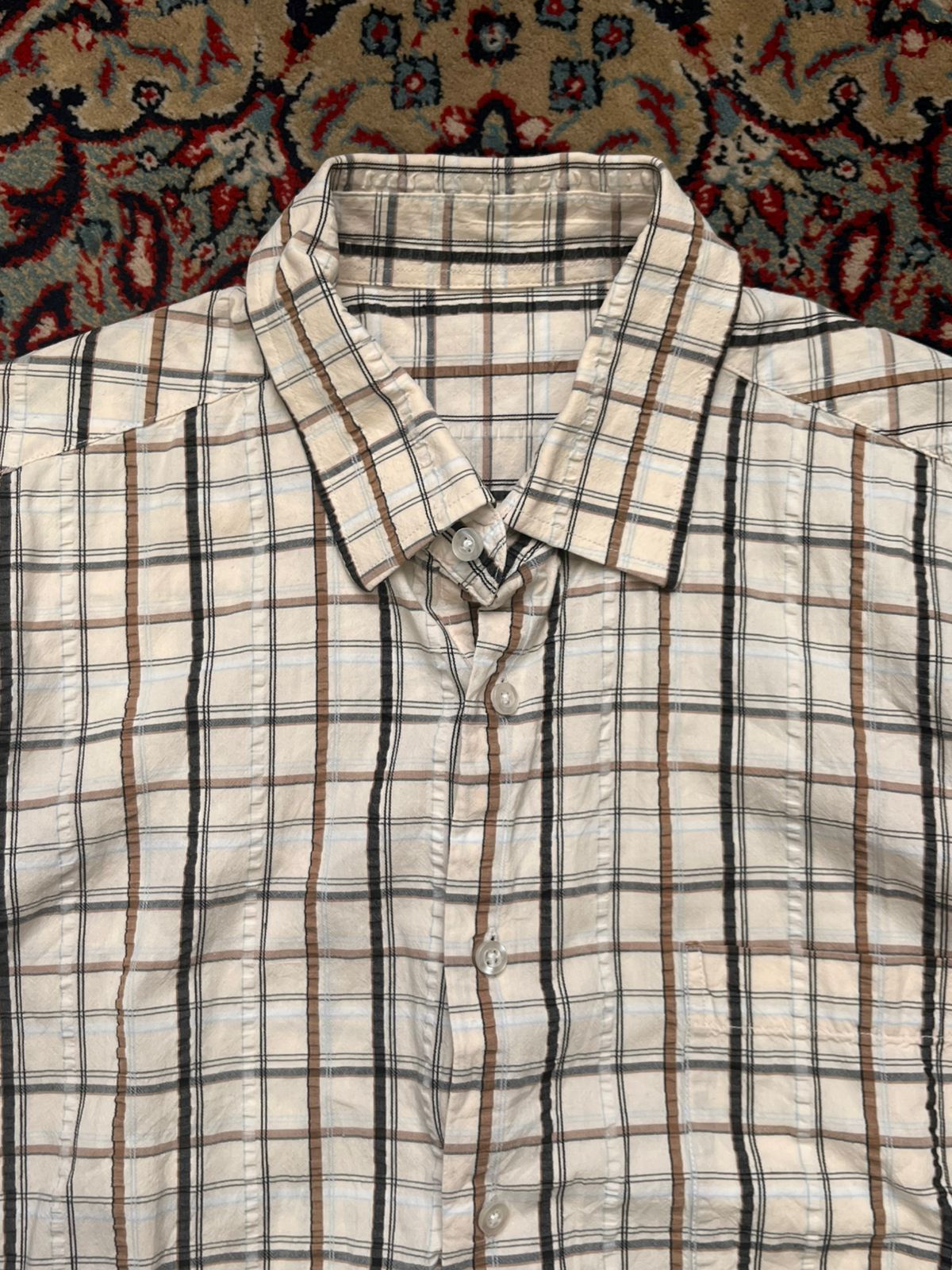 MEN'S  BROWN BLACK PLAID TEXTURED CASUAL BUTTON DOWN SHIRT