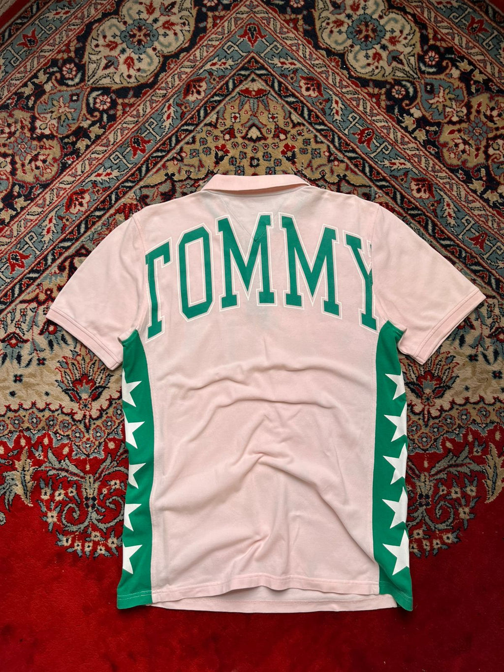 TOMMY HILFIGER Pink Green Spellout Logo Polo TEE