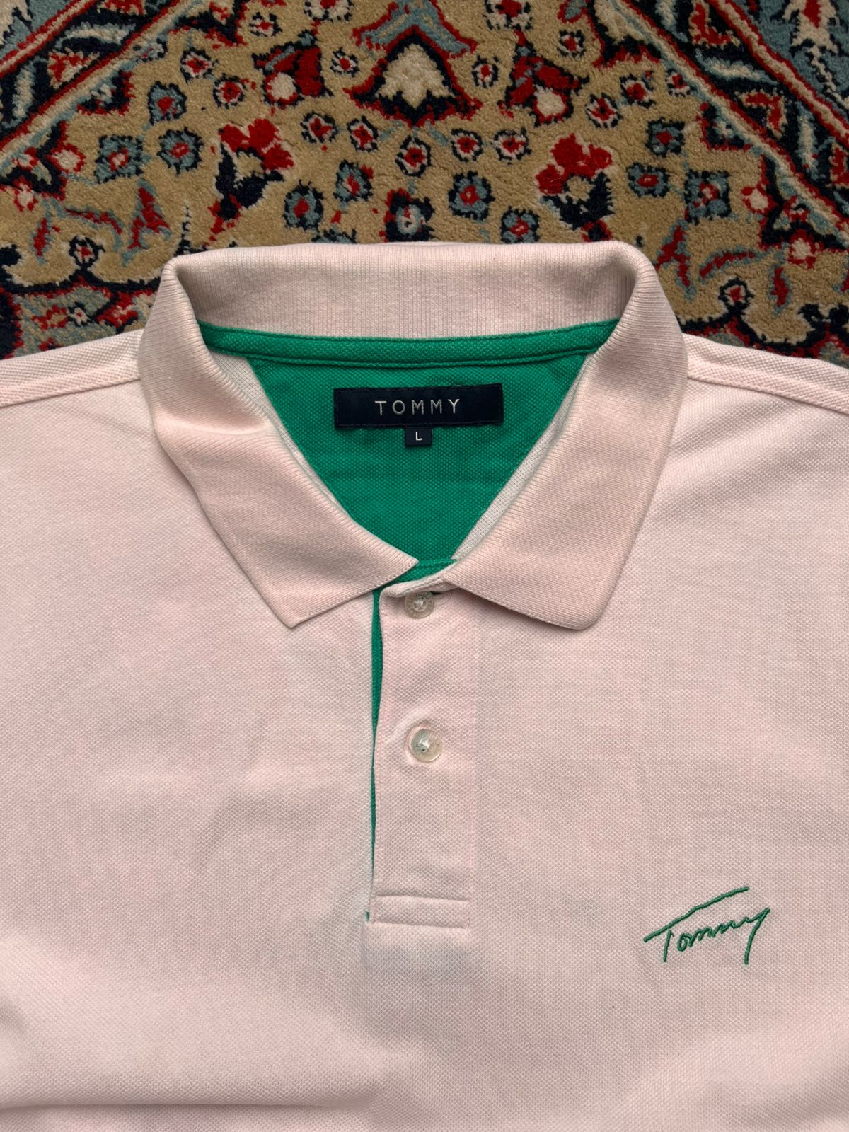 TOMMY HILFIGER Pink Green Spellout Logo Polo TEE