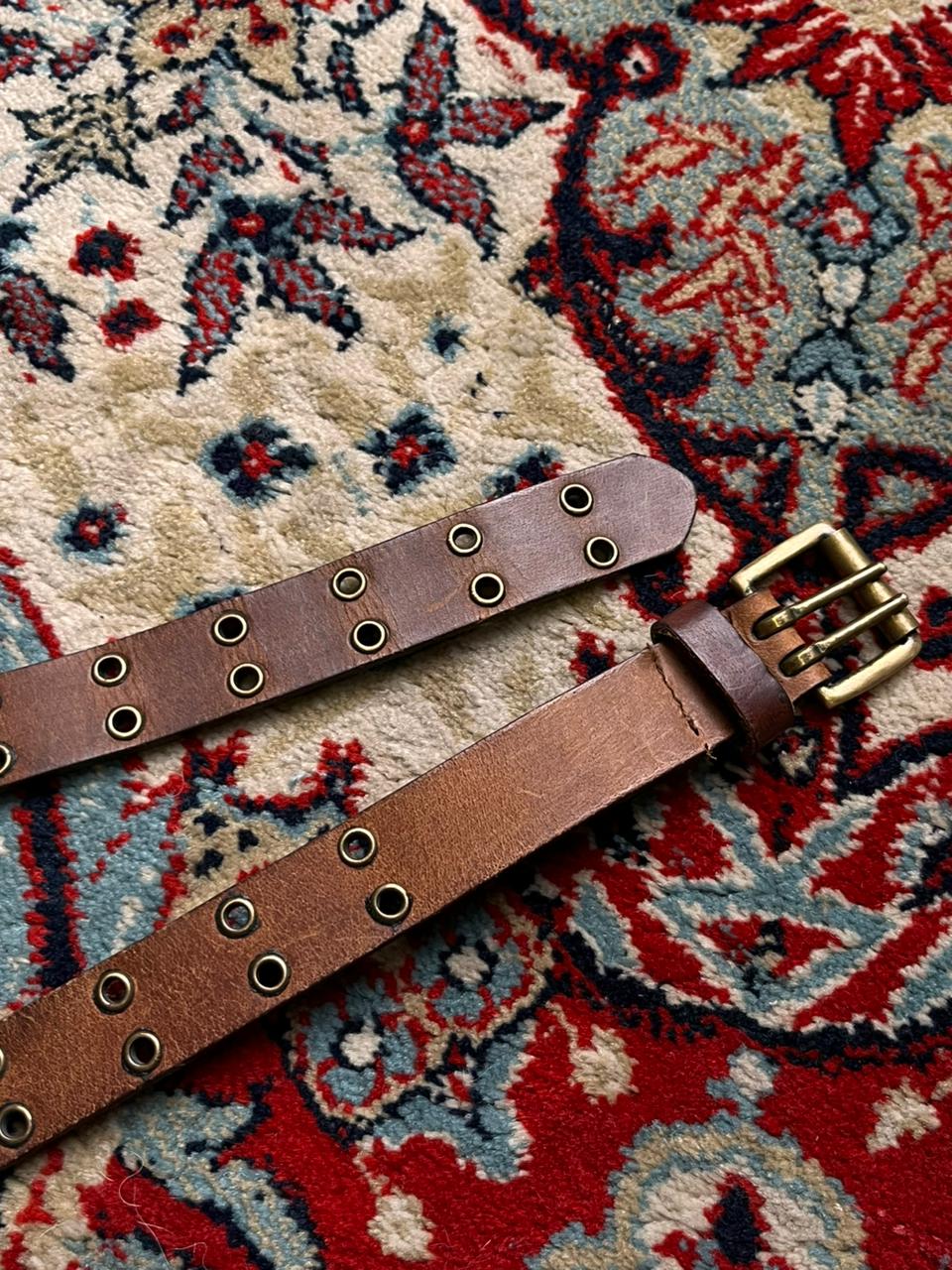 Vintage Genuine Leather Double Grommet Belt Brown Brass Roller Buckle