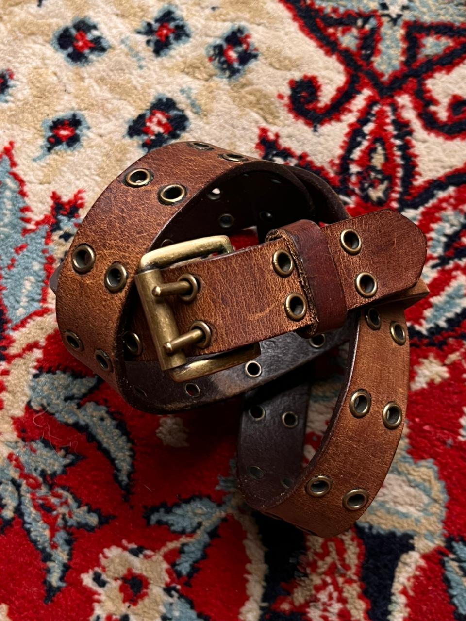 Vintage Genuine Leather Double Grommet Belt Brown Brass Roller Buckle