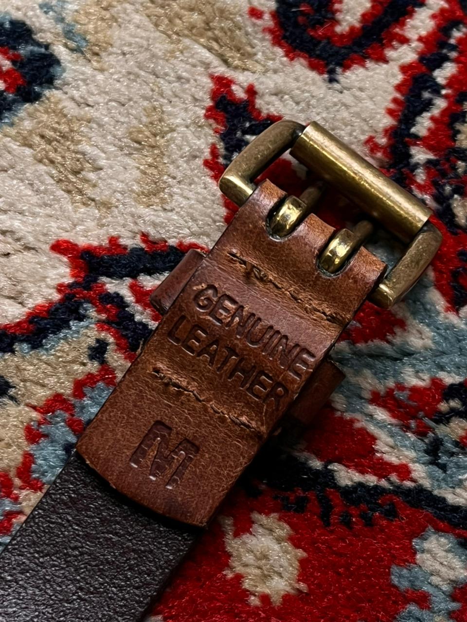 Vintage Genuine Leather Double Grommet Belt Brown Brass Roller Buckle