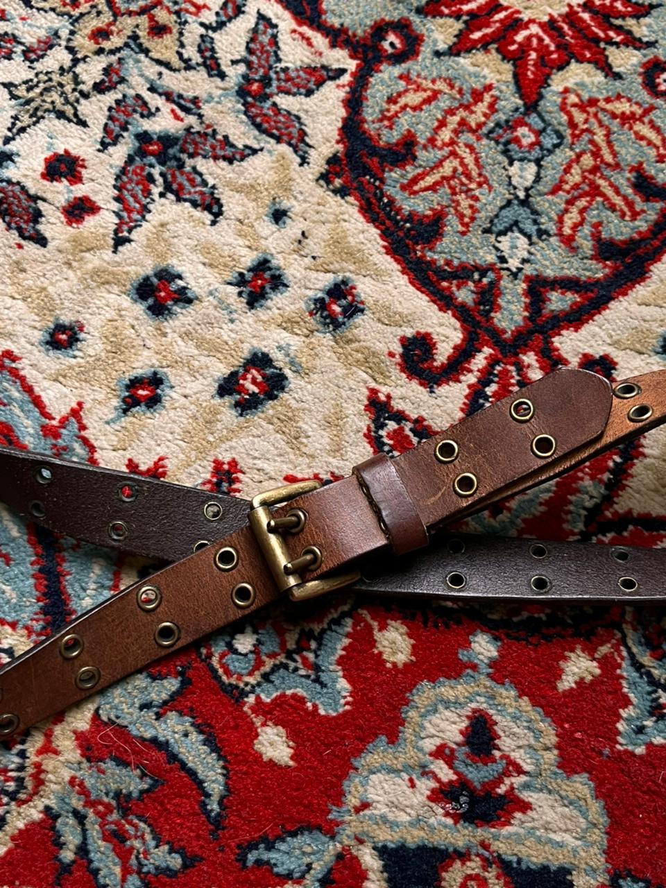 Vintage Genuine Leather Double Grommet Belt Brown Brass Roller Buckle