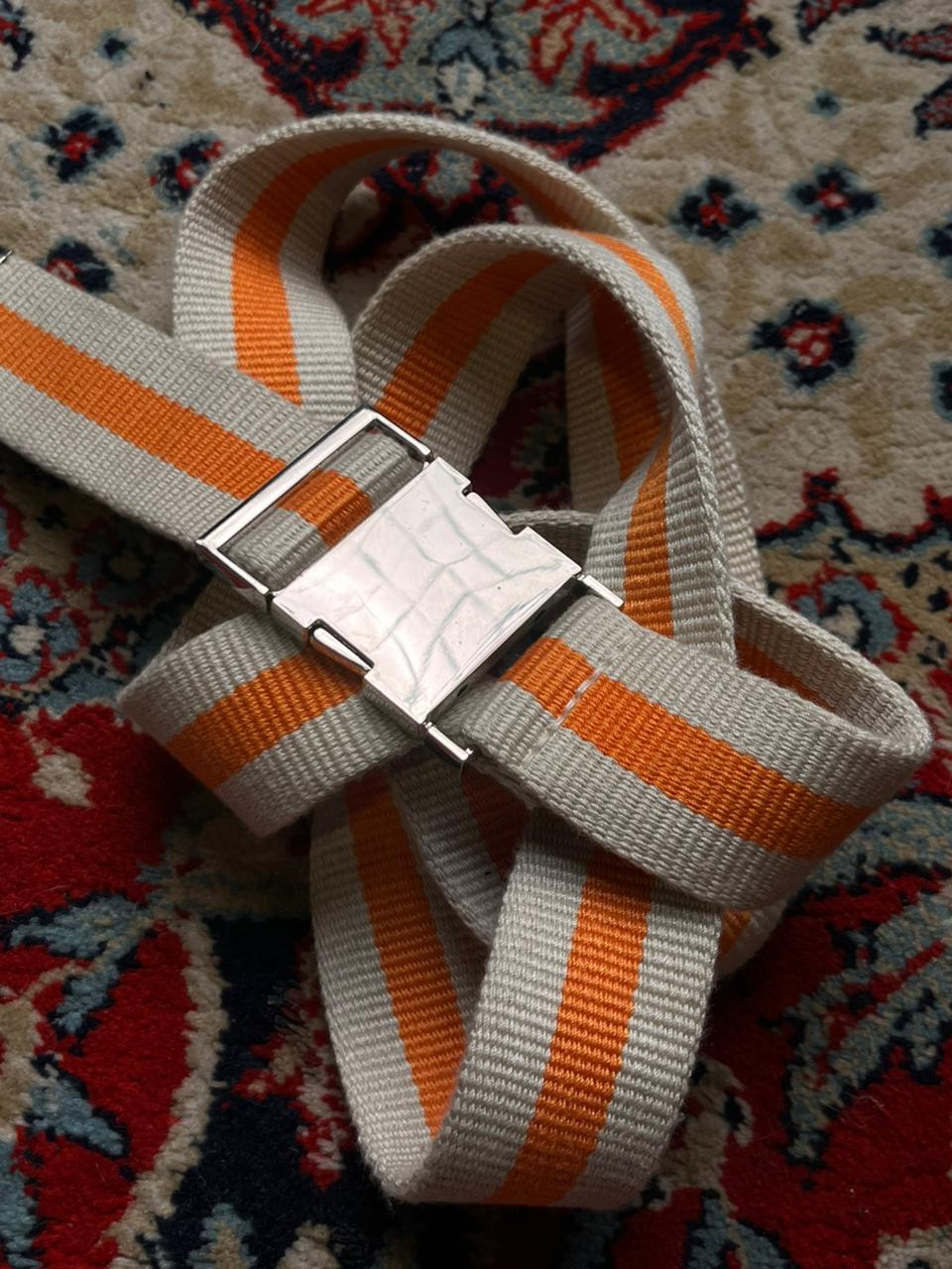 Orange Striped Canvas Web Belt with Silver Metal Buckle