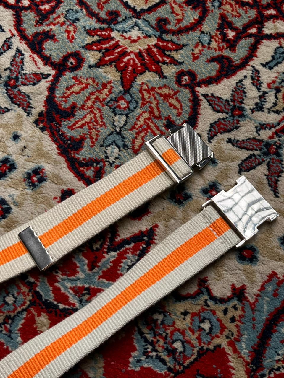 Orange Striped Canvas Web Belt with Silver Metal Buckle