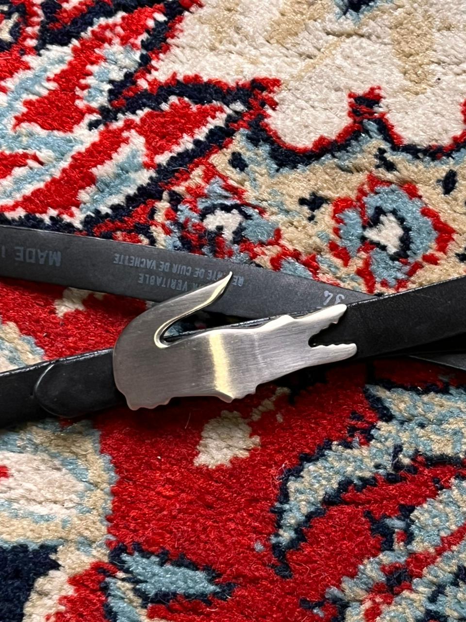 Lacoste Black Belt Silver Crocodile Big Logo Buckle