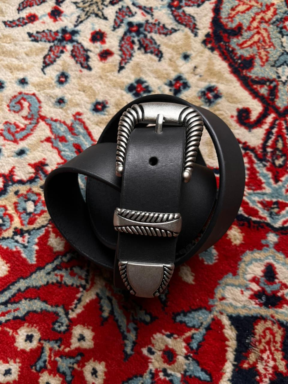 Western Black Genuine Leather Engraved Silver Buckle BELT